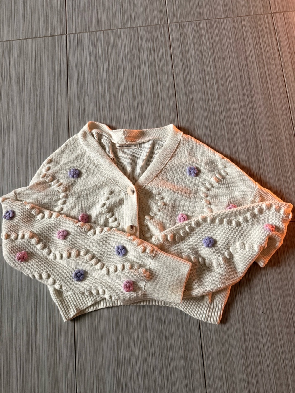 moon & madison Cream Knit Cardigan with Pink & Purple Flower Accents